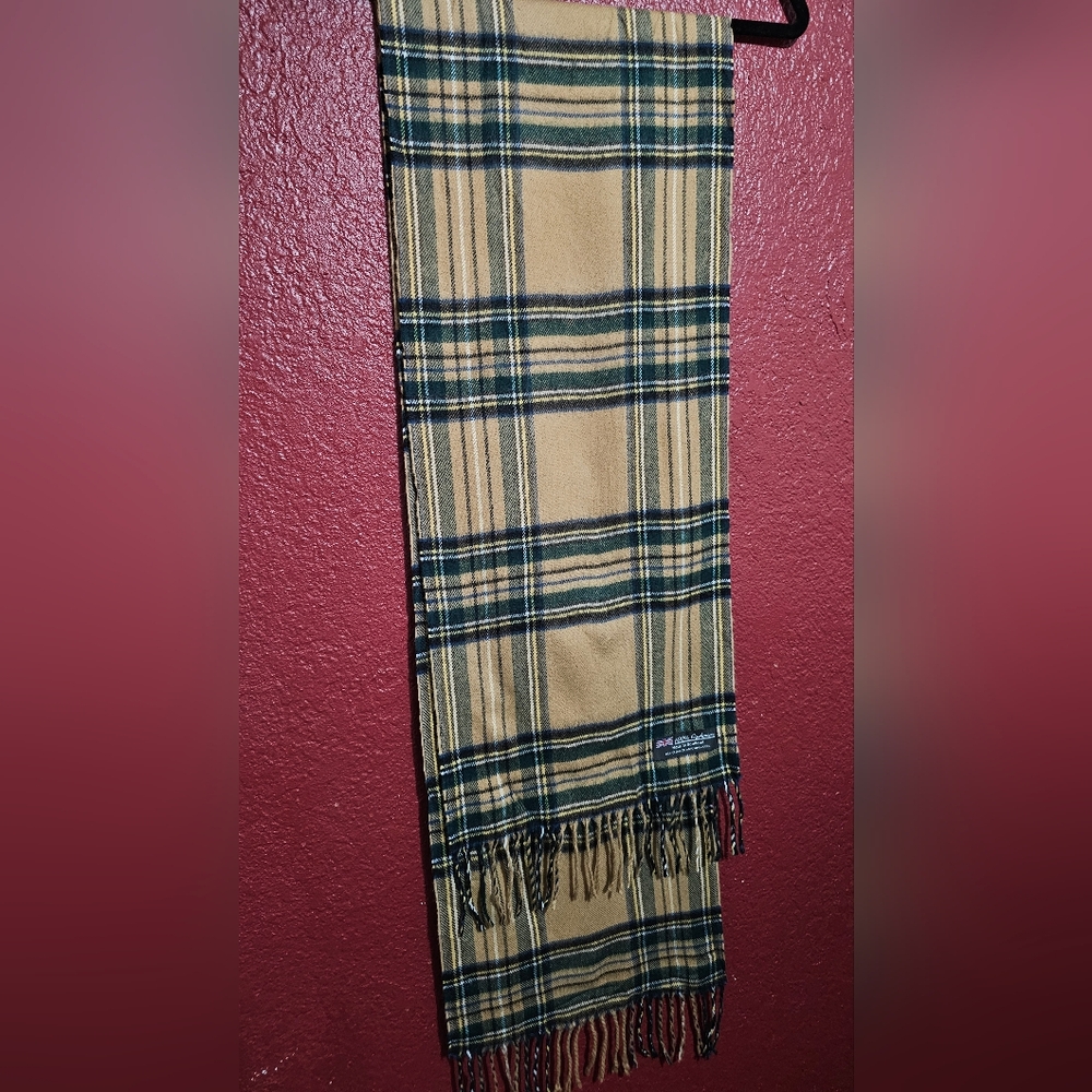Plaid Fringe Scarf in Tan and Green 100% Cashmere